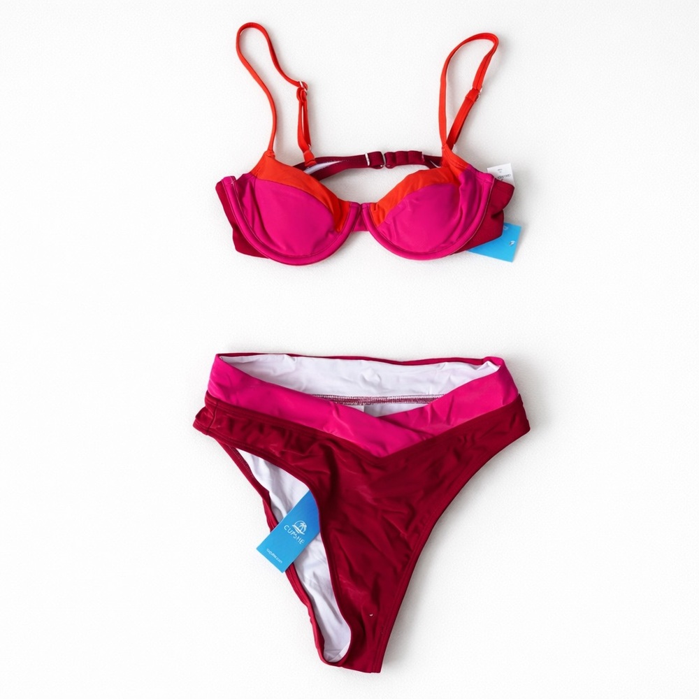 CUPSHE NWT Bikini Set XS Top S Bottom Pink Red Colorblock Underwire Swim